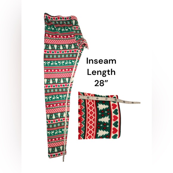 Women’s, Christmas Print  Leggings, Red,Grn & White, Reindeer, Fir Trees, Sz. LG - Picture 3 of 8